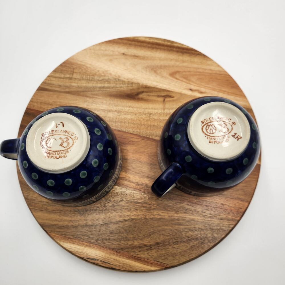 Pair Boleslawiec Polish Pottery Mugs Hand Made Cobalt Blue Greek Key Dot READ - Picture 7 of 10
